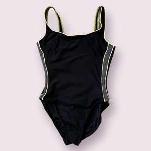 Vintage Black Contrast One Piece Swimsuit with Gray and Yellow Sides